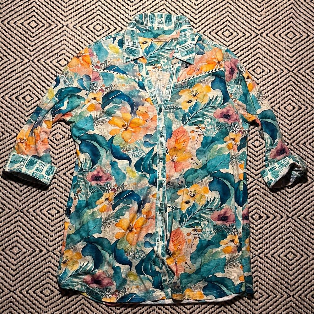 Soft Surroundings Floral Blue Orange Cotton Modal Pocket Button Tunic Size Med
